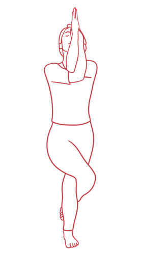 A person standing in Eagle Pose on one leg with the other leg wrapped around it, while the arms are crossed, one over the other, with the hands meeting in front of the face. A person standing in Eagle Pose on one leg with the other leg wrapped around it, while the arms are crossed, one over the other, with the hands meeting in front of the face.