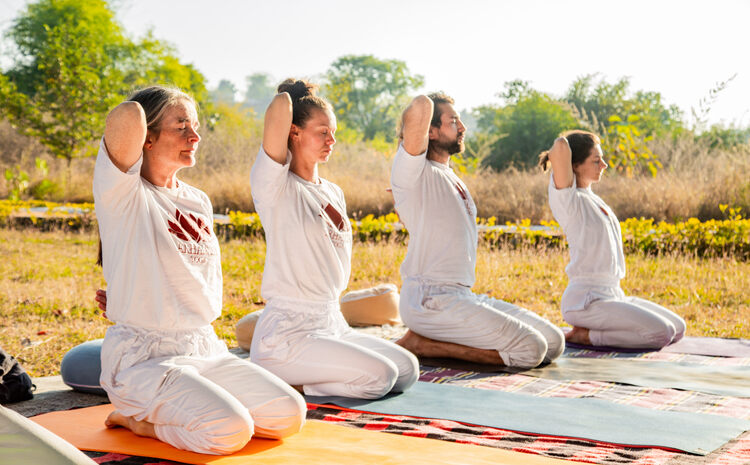 Arhanta Yoga students practice breathwork and meditation training at an intensive yoga teacher training course in India Arhanta Yoga students practice breathwork and meditation training at an intensive yoga teacher training course in India