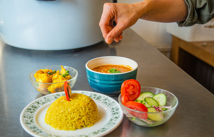 Holistic nutrition - healthy meal with rice, soup, and salad