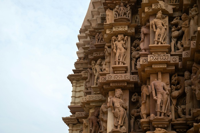Carvings on the mount of Chitragupta Temple, Khajuraho, Madhya Pradesh, India