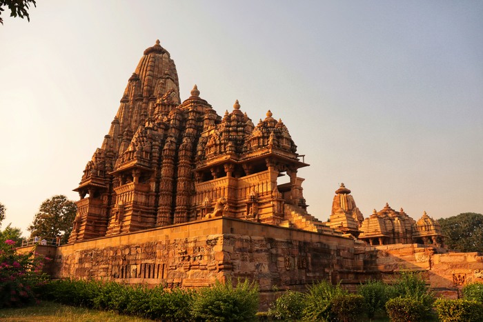 The Khajuraho temples in Madhya Pradesh, India at dusk