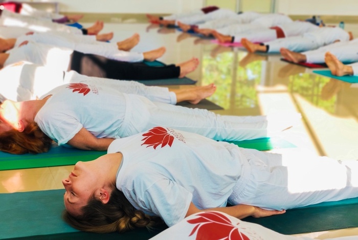 Group of students practicing yin poses Group of students practicing yin poses