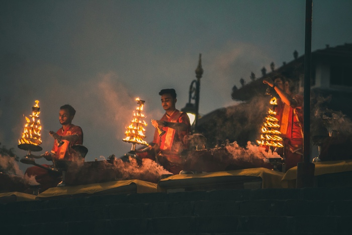 Priests performing ganga aarti