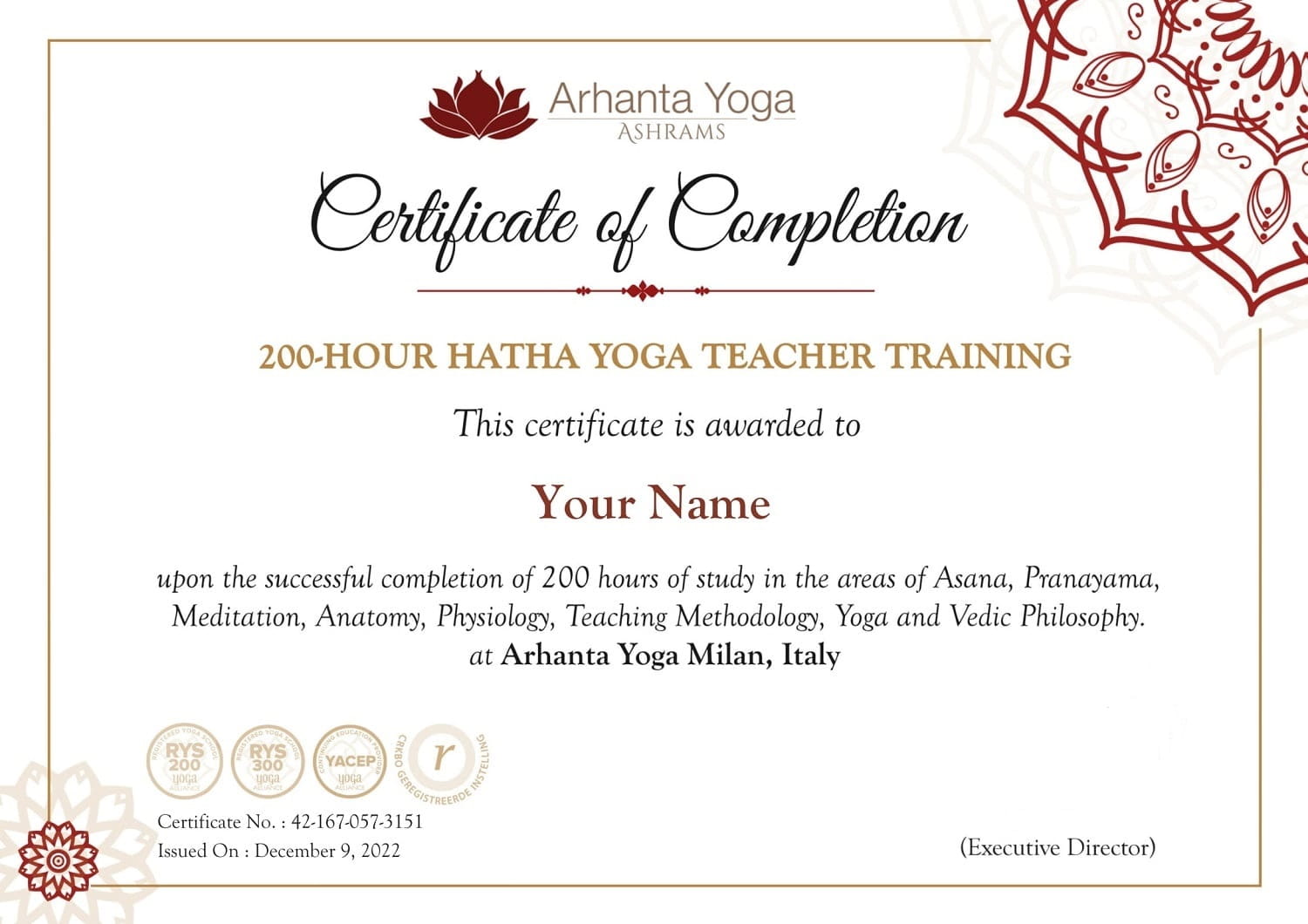 200-Hour Hatha Yoga Teacher Training Milan Certificate