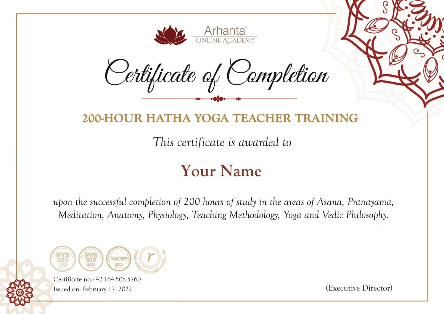 200 Hour Hatha Yoga Teacher Training Certificate