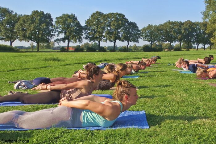 Group of students practicing Salabhasana in an outdoor setup