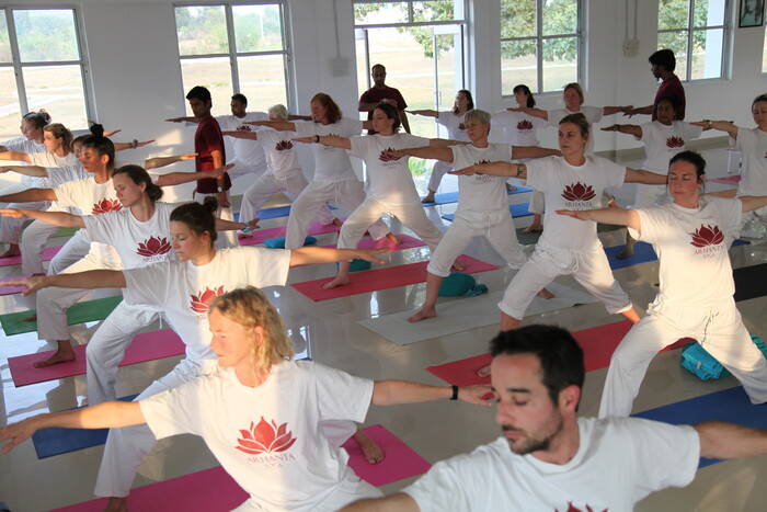 Group of yoga students learning warrior pose in class